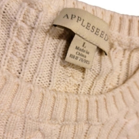 Appleseed's Cream Cotton And Wool Blend Cable Knit Crewneck Sweater-Size Large - Picture 5 of 8